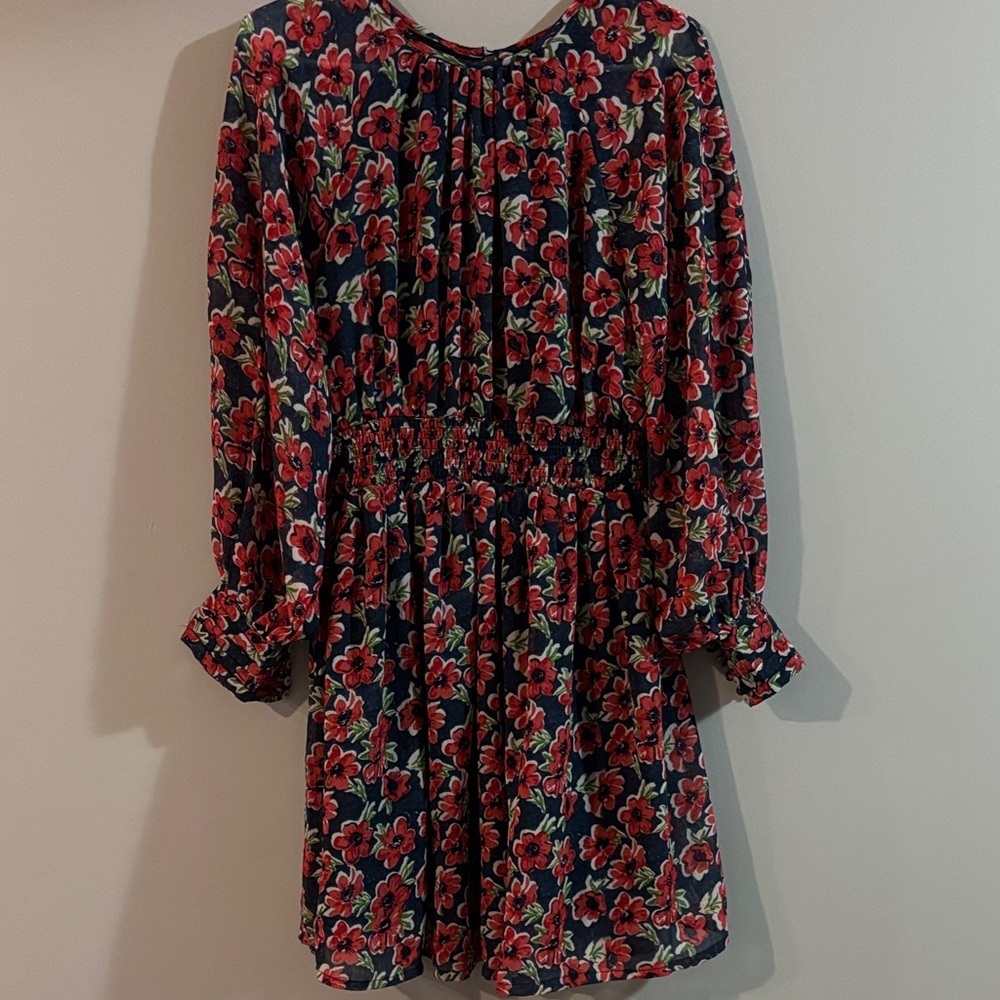 Navy Long-Sleeve Floral Dress with Smocked Waist in Red Floral